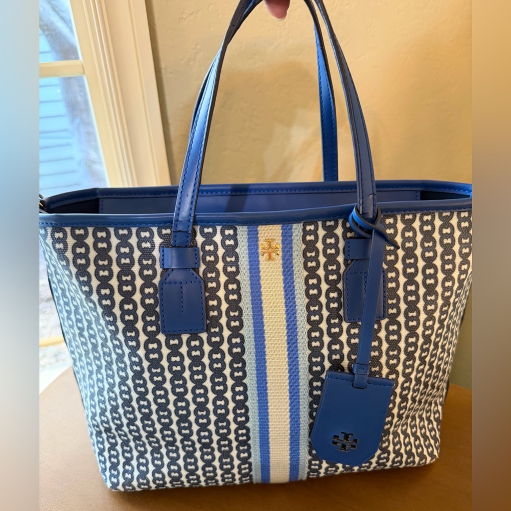 Tory Burch Gemini Link Blue and White Patterned Tote- comes with long strap